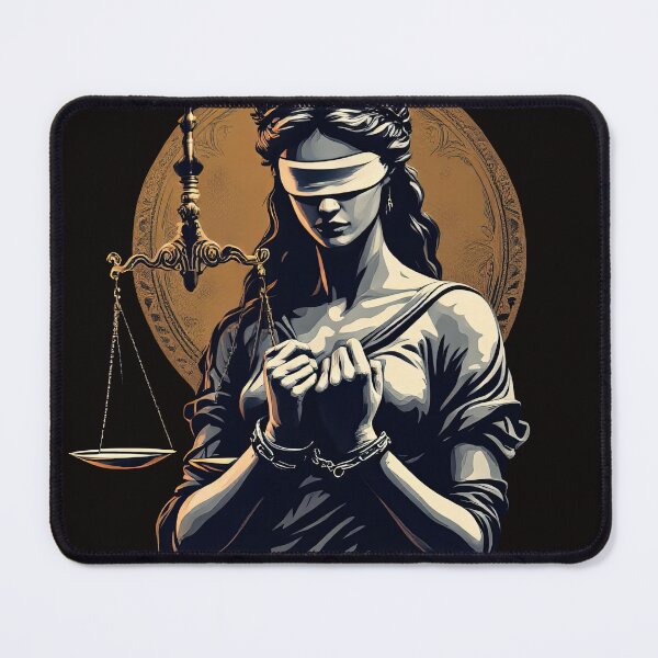 Item preview, Arafed image of a woman with blindfolded hands holding a scale designed and sold by cafegrafis.