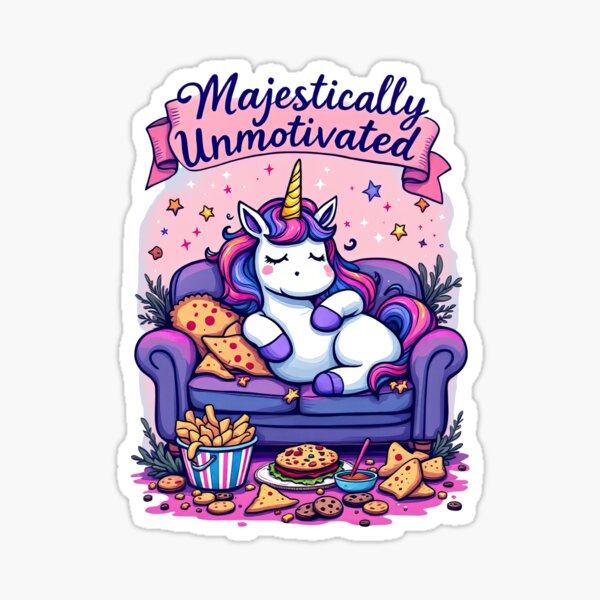 Item preview, Une licorne de dessin animé dormant sur un canapé avec beaucoup de nourriture designed and sold by cafegrafis.