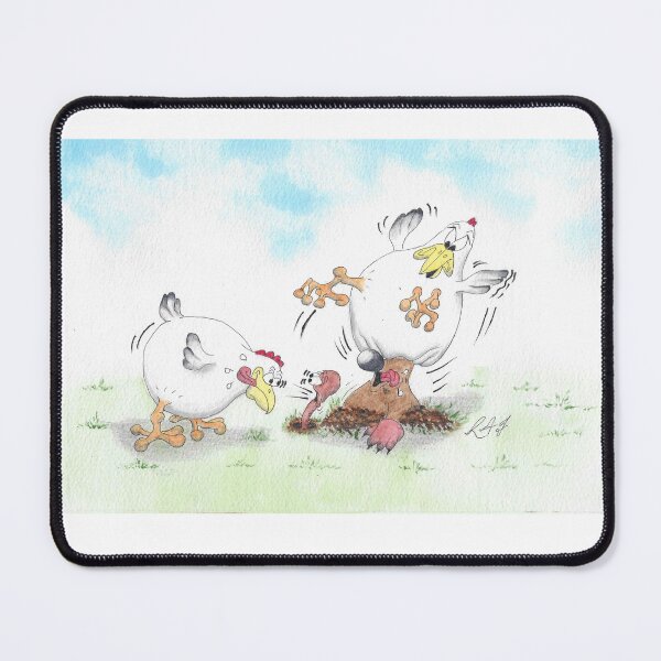 Item preview, Cartoon of mole pops up under hen while other hen eye’s up a worm designed and sold by Richard Fettes.