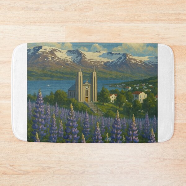 Item preview, Akureyri Church and Lupine Fields, North Iceland designed and sold by Aryabek.