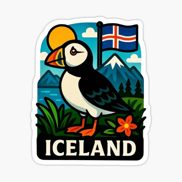 Item preview, Iceland – Puffin and Mountains Travel Sticker designed and sold by FineArtsPro.