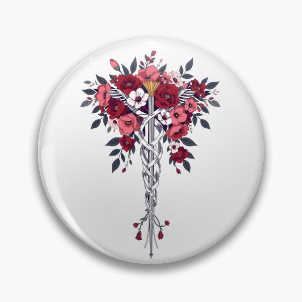 Item preview, Floral Blooming Caduceus – Red Flowers and Silver Symbol on White designed and sold by EmeraldeaArt.