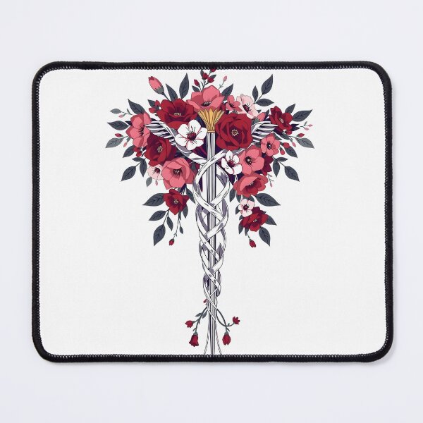 Item preview, Floral Blooming Caduceus – Red Flowers and Silver Symbol on White designed and sold by EmeraldeaArt.