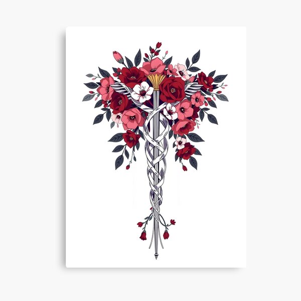 Item preview, Floral Blooming Caduceus – Red Flowers and Silver Symbol on White designed and sold by EmeraldeaArt.