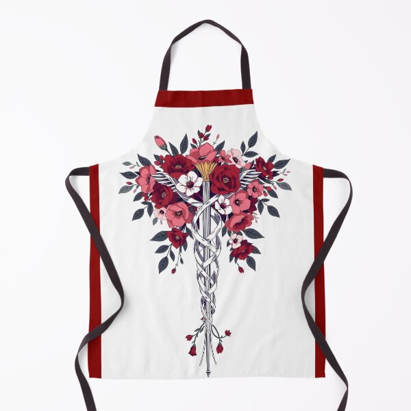 Item preview, Floral Blooming Caduceus – Red Flowers and Silver Symbol on White designed and sold by EmeraldeaArt.
