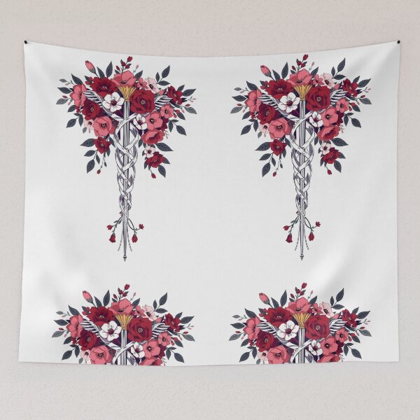 Item preview, Floral Blooming Caduceus – Red Flowers and Silver Symbol on White designed and sold by EmeraldeaArt.