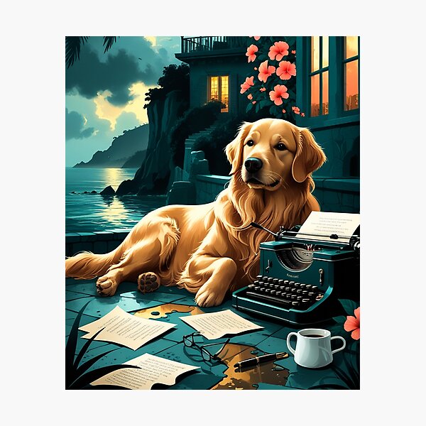 Item preview, Golden Retriever with glossy fur and a gentleman vintage typewriter designed and sold by mcinnesstore.