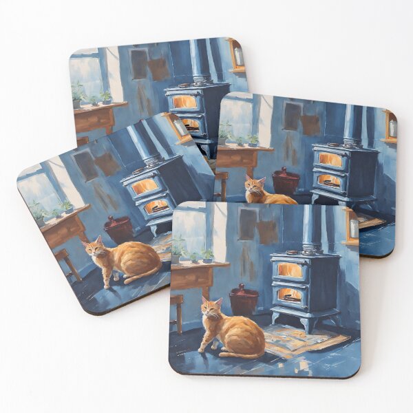 Item preview, Cozy Winter Cat by the Wood Stove in Rustic Kitchen designed and sold by Diclebaybas.