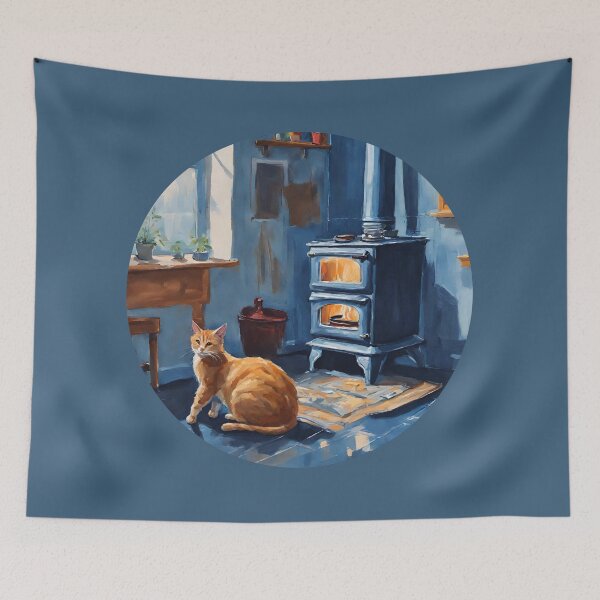 Item preview, Cozy Winter Cat by the Wood Stove in Rustic Kitchen designed and sold by Diclebaybas.