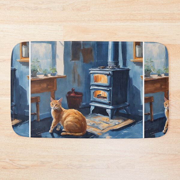 Item preview, Cozy Winter Cat by the Wood Stove in Rustic Kitchen designed and sold by Diclebaybas.