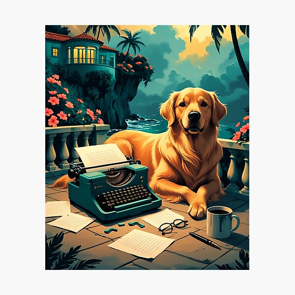 Item preview, Golden Retriever with glossy fur and a gentleman vintage typewriter designed and sold by mcinnesstore.