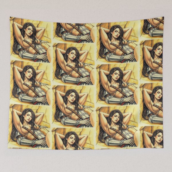 Item preview, Resting Warrior woman in armor fantasy art designed and sold by Vintage Designs +.