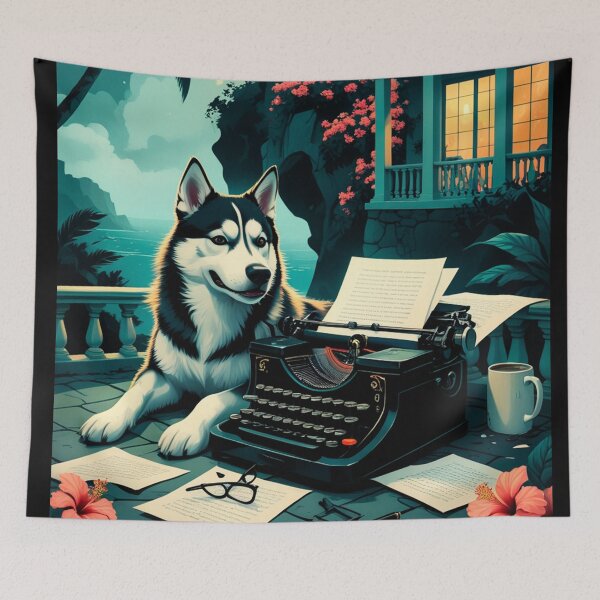Item preview, Husky Dog with glossy fur and a gentleman vintage typewriter designed and sold by mcinnesstore.