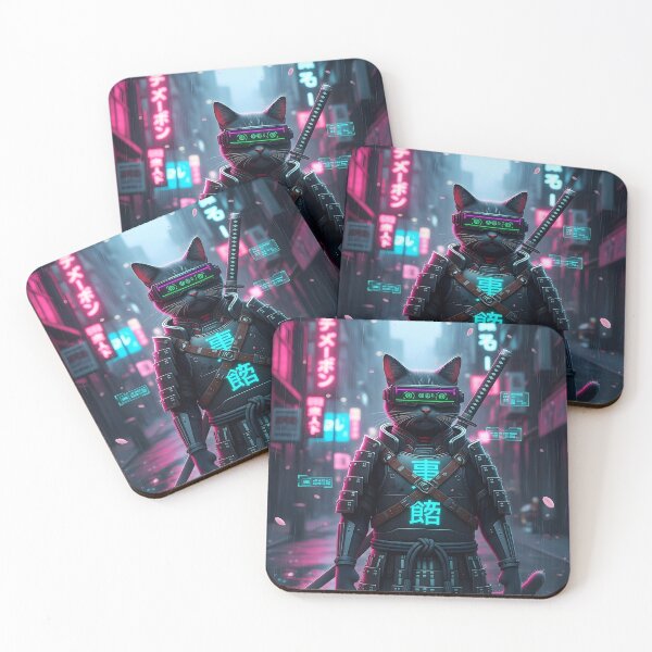 Item preview, CyberpCyberpunk Samurai Cat in Neon Rainy Tokyo – Futuristic Armor & LED Visorunk Samurai Cat in Neon Rainy Tokyo – Futuristic Armor & LED Visor designed and sold by Cullinan Art.