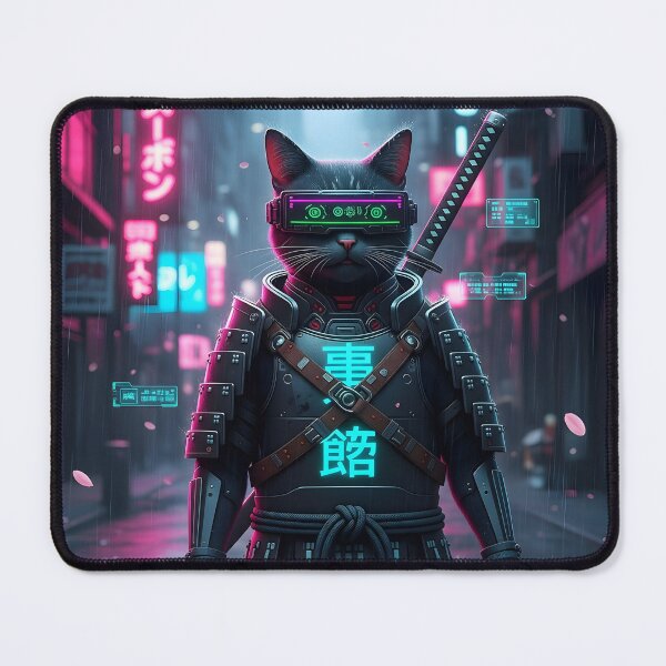 Item preview, CyberpCyberpunk Samurai Cat in Neon Rainy Tokyo – Futuristic Armor & LED Visorunk Samurai Cat in Neon Rainy Tokyo – Futuristic Armor & LED Visor designed and sold by Cullinan Art.