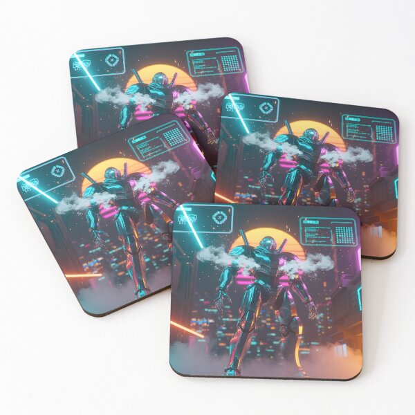 Item preview, Powerful Cyberpunk Mecha Robot in Neon City – Retro 80s Arcade Tech Art designed and sold by Cullinan Art.