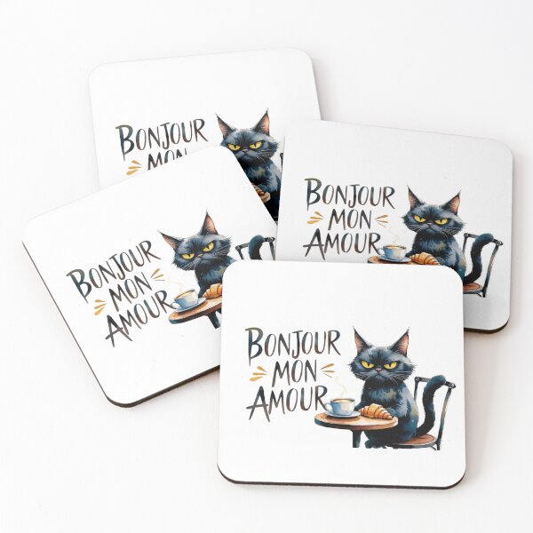 Item preview, Grumpy Cat with Coffee and Croissant – Funny Design Bonjour Mon Amour designed and sold by StormArte.