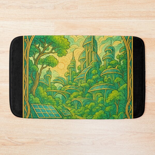 Item preview, Solarpunk city with lush greenery and solar panels in art nouveau linework designed and sold by optimusprime39.