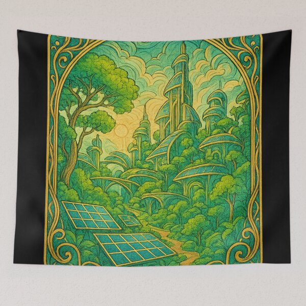 Item preview, Solarpunk city with lush greenery and solar panels in art nouveau linework designed and sold by optimusprime39.