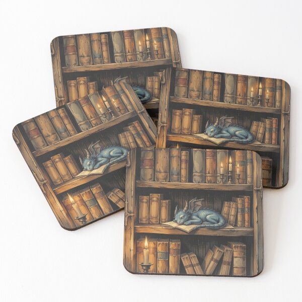 Item preview, Sleepy Dragon on a Bookshelf – Cozy Fantasy Illustration designed and sold by DiceWay.
