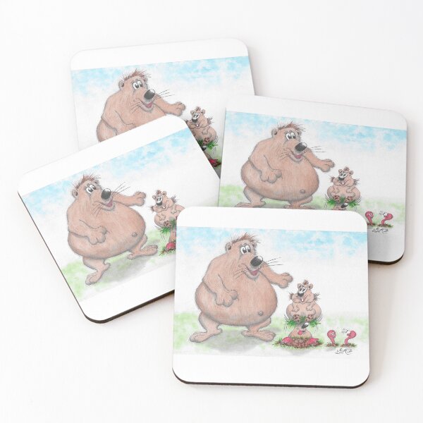 Item preview, Cartoon mole eyeing up worms pops up under baby bear designed and sold by Richard Fettes.
