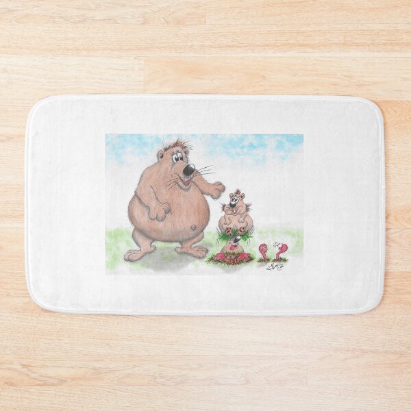 Item preview, Cartoon mole eyeing up worms pops up under baby bear designed and sold by Richard Fettes.