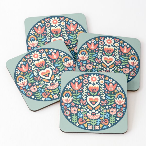 Item preview, Flower Circle: Deep Blue Heart Bloom - Scandinavian Folk Art by heidiannemorris © designed and sold by FOLK ART FUSION.