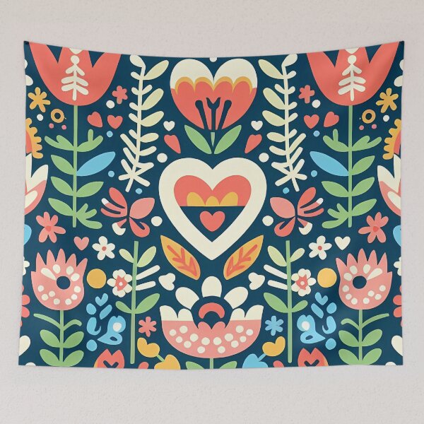 Item preview, Flower Circle: Deep Blue Heart Bloom - Scandinavian Folk Art by heidiannemorris © designed and sold by FOLK ART FUSION.