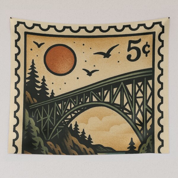 Item preview, Postage Stamp Pacific Northwest Hiking and Camping Retro Poster PNW Vintage Deception Pass designed and sold by Wild Blood Designs.