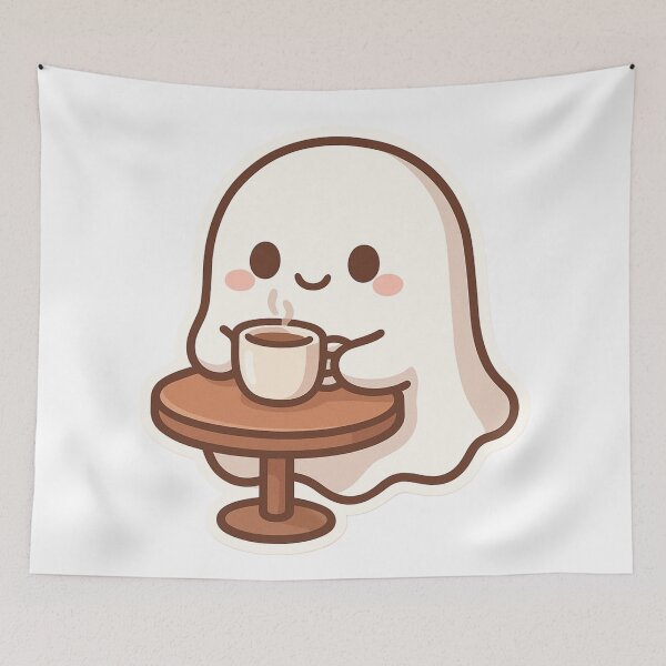 Item preview, Kawaii ghost drinking coffee – cute and cozy illustration designed and sold by LoomisDreams.