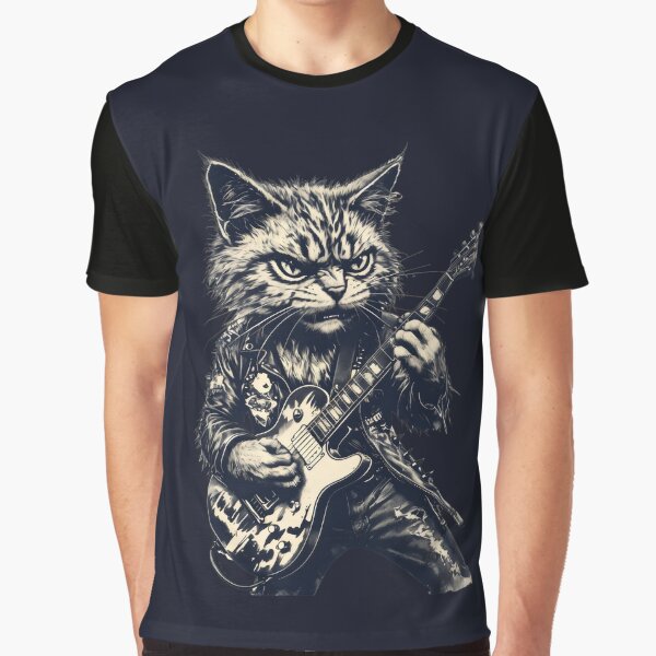 Funny Cat Rock Guitarist Graphic T-Shirt