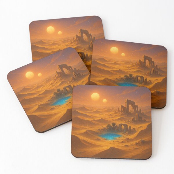 Item preview, Mystical desert with oasis and ruins – twin suns in an alien sky designed and sold by LoomisDreams.