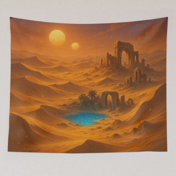 Item preview, Mystical desert with oasis and ruins – twin suns in an alien sky designed and sold by LoomisDreams.