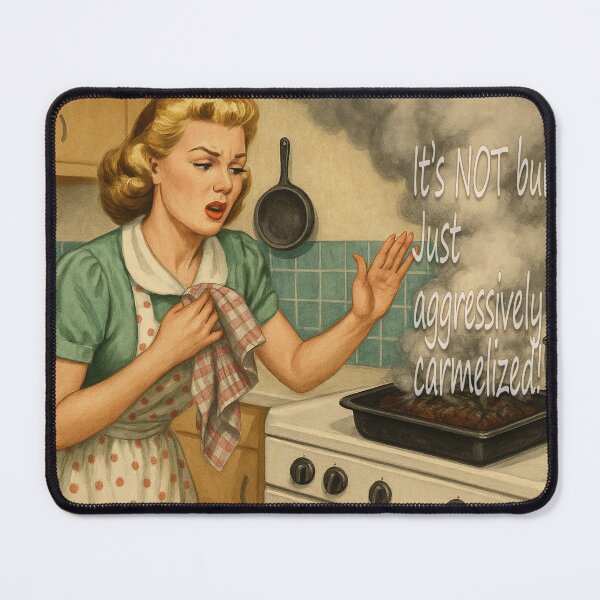 Item preview, “Aggressively Caramelized” – Funny Retro Kitchen Disaster Art designed and sold by Espinoza Creative.