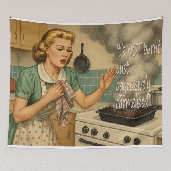 Item preview, “Aggressively Caramelized” – Funny Retro Kitchen Disaster Art designed and sold by Espinoza Creative.