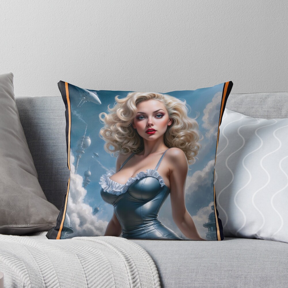 Pinup Girl And The Flying Saucers; Aella's Strange Fate Striking AI Concept Art by Xzendor7 Decorative Art Print Throw Pillow