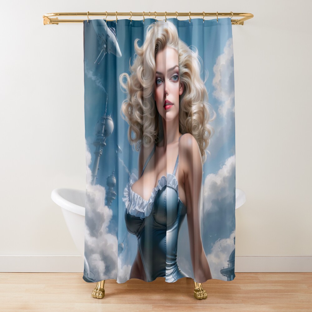 Pinup Girl And The Flying Saucers; Aella's Strange Fate Striking AI Concept Art by Xzendor7 Decorative Art Print Shower Curtain
