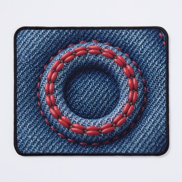 Item preview, Close Up of Blue Denim Fabric with Red Stitched Circular Cutouts designed and sold by Creative88Art.