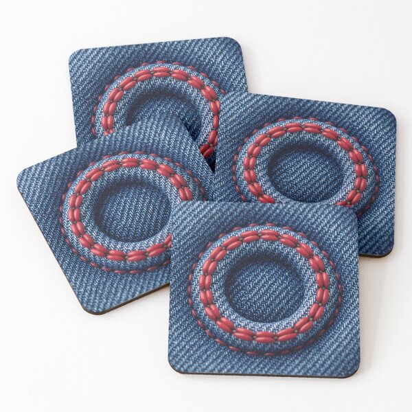 Item preview, Close Up of Blue Denim Fabric with Red Stitched Circular Cutouts designed and sold by Creative88Art.