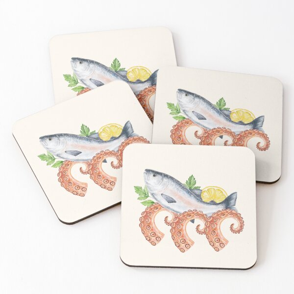 Item preview, Watercolor fish with curled octopus tentacles, parsley, and lemon slice. Creative marine combo sticker, apron, kitchen art designed and sold by eves_aquadreams.