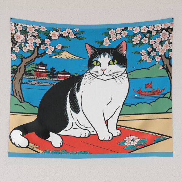 Item preview, Black & White Cat with Plum Blossoms – Hanafuda Style Art designed and sold by LEO'S CREATURE　れおずくりーちゃー.