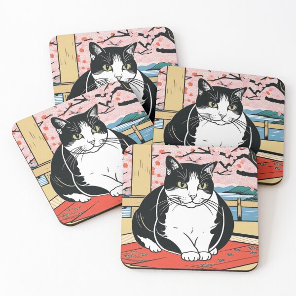 Item preview, Monochrome Cat & Ume Blossoms – Japanese Card-Inspired Design designed and sold by LEO'S CREATURE　れおずくりーちゃー.