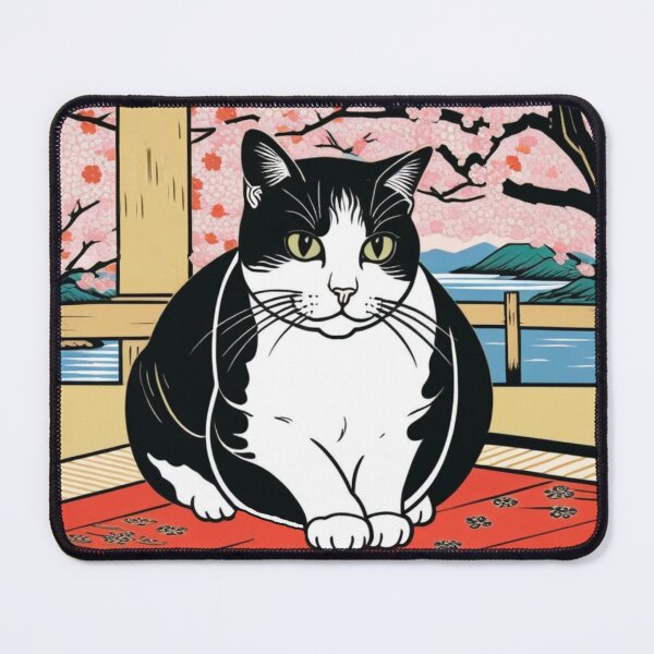 Item preview, Monochrome Cat & Ume Blossoms – Japanese Card-Inspired Design designed and sold by LEO'S CREATURE れおずくりーちゃー.