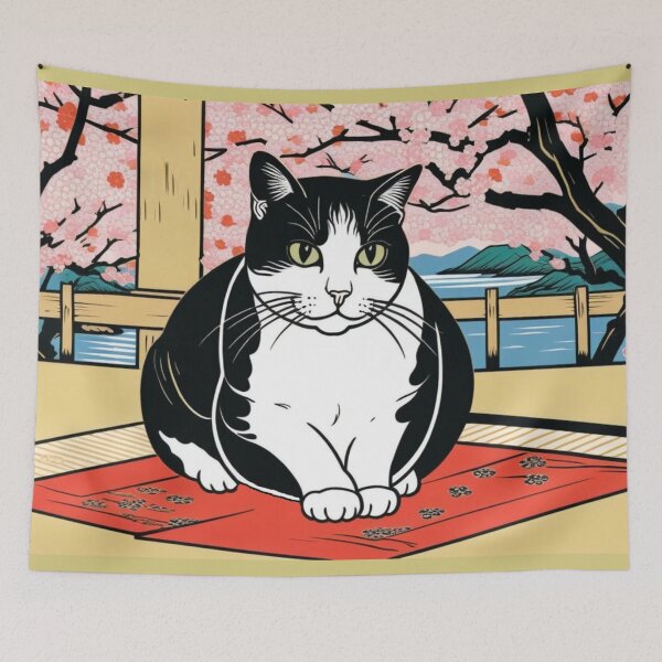 Item preview, Monochrome Cat & Ume Blossoms – Japanese Card-Inspired Design designed and sold by LEO'S CREATURE　れおずくりーちゃー.