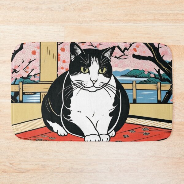 Item preview, Monochrome Cat & Ume Blossoms – Japanese Card-Inspired Design designed and sold by LEO'S CREATURE　れおずくりーちゃー.