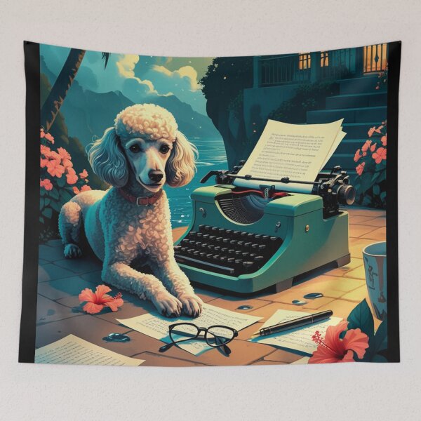 Artikelvorschau, Pudelhund mit glänzendem Fell und einer Gentleman-Vintage-Schreibmaschine entworfen und verkauft von mcinnesstore.