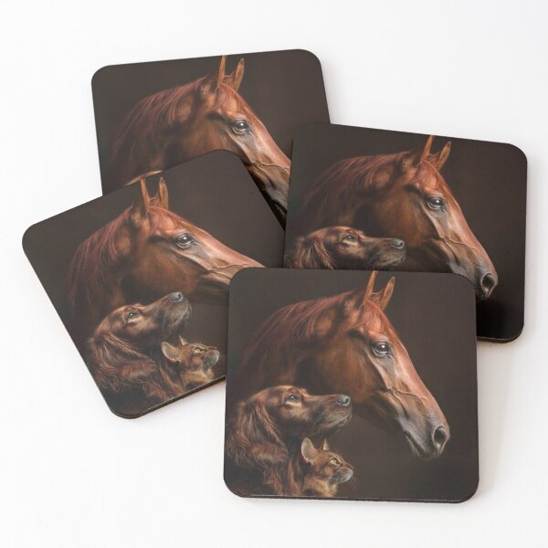Item preview, Profile portraits of three red animals arranged in layers: horse, Irish setter dog and Somaly cat.  designed and sold by Julia Shepeleva.