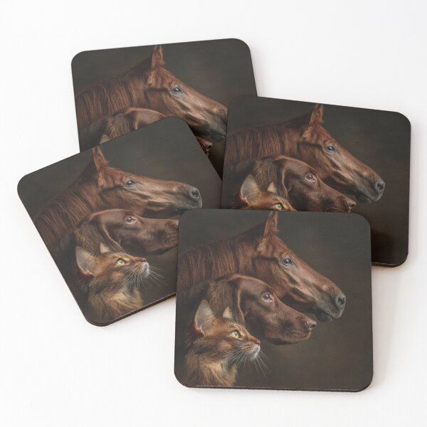 Item preview, Profile portraits of three red animals arranged in layers: english horse, Irish setter dog and Somaly cat.  designed and sold by Julia Shepeleva.