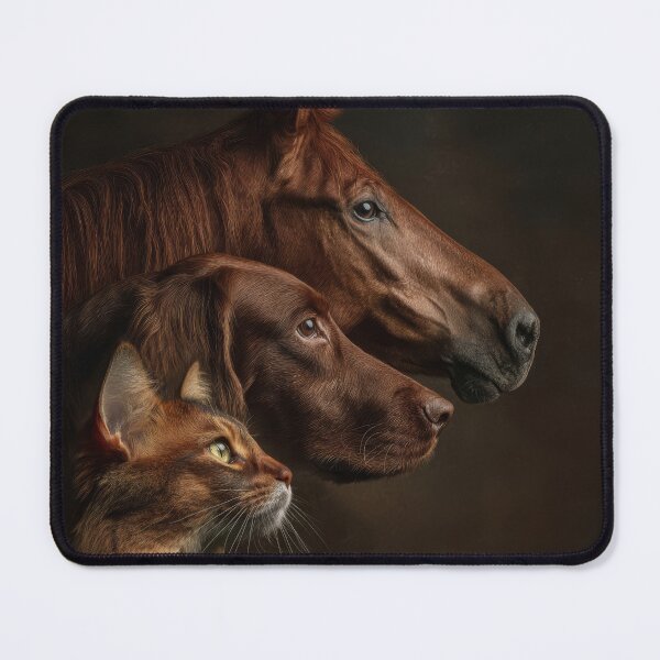 Item preview, Profile portraits of three red animals arranged in layers: english horse, Irish setter dog and Somaly cat. designed and sold by Julia Shepeleva.
