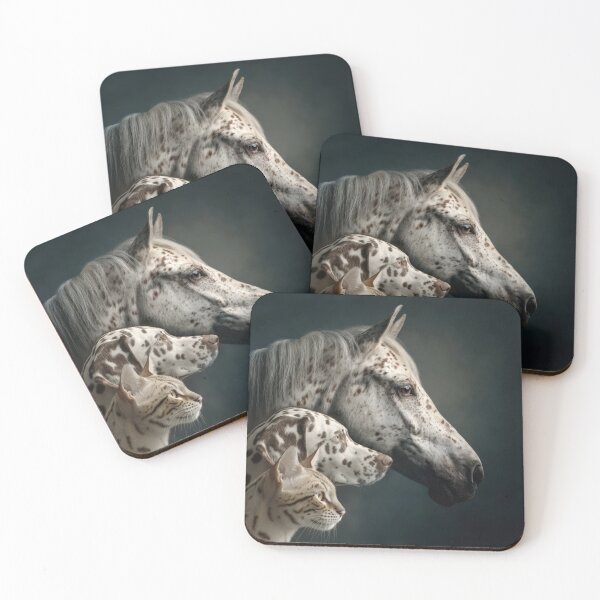 Item preview, Profile portraits of three spotted animals arranged in layers: appaloosa horse, dalmatian dog and white bengal cat.  designed and sold by Julia Shepeleva.